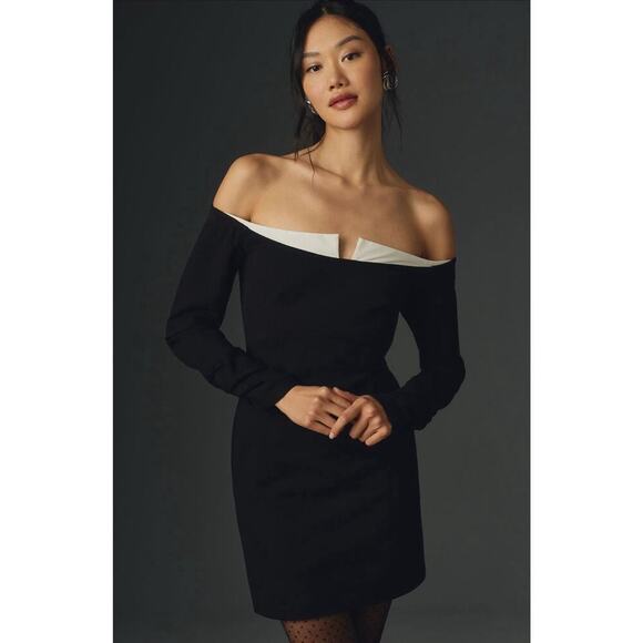 Anthropologie Maeve Black Off-The-Shoulder Twofer Mini Zip Up Dress Size L EUC - Picture 1 of 13